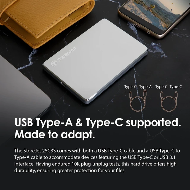 Alt view image 5 of 5 - Transcend 2TB StoreJet 25C3S Portable HDD, Sleek Aluminum Case, Type-C