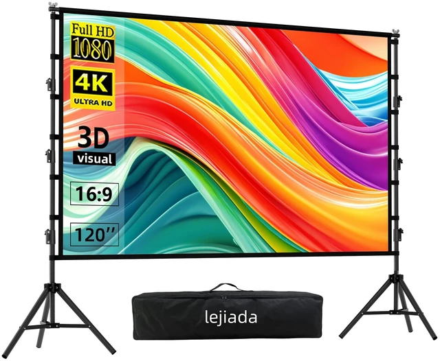 Main image of lejiada 120 Inch Projector Screen with Stand, 4K HD 16:9 Movie Screen for Backyard, Outdoor Movie Nights and Business Presentations, Portable Foldable Anti-Crease Screen with Carry Bag