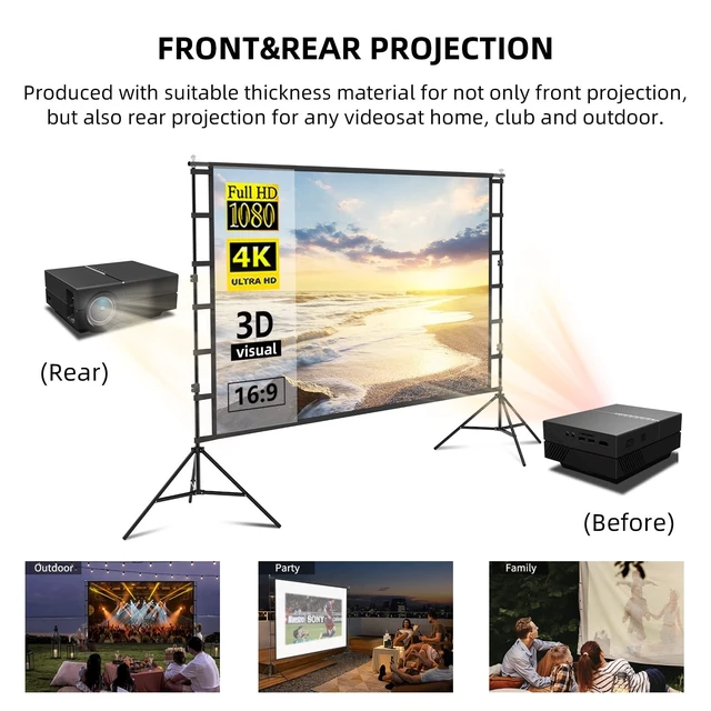 Alt view image 3 of 5 - lejiada 120 Inch Projector Screen with Stand, 4K HD 16:9 Movie Screen for Backyard, Outdoor Movie Nights and Business Presentations, Portable Foldable Anti-Crease Screen with Carry Bag