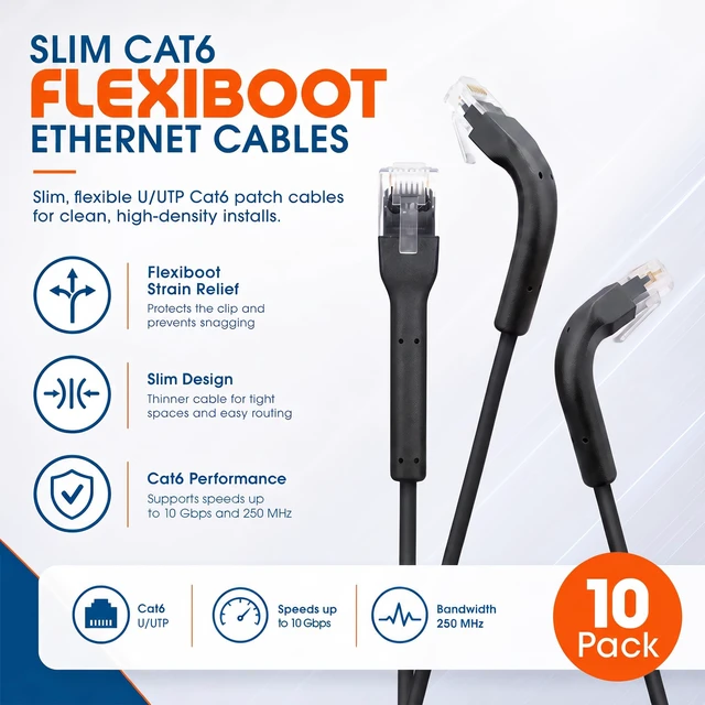 Alt view image 2 of 5 - Intellinet Cat6 Slim FlexiBoot LAN Patch Cable 10-Pack, 7 ft, Black