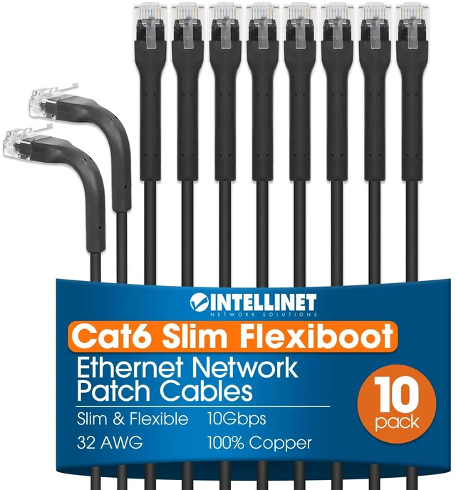 Main image of Intellinet Cat6 Slim FlexiBoot LAN Patch Cable 10-Pack, 7 ft, Black