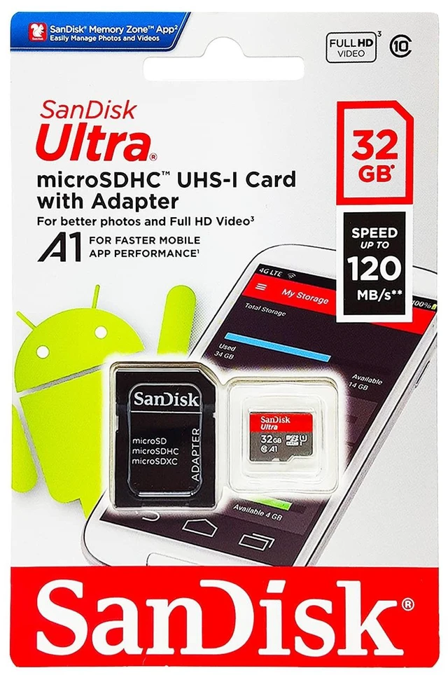 Main image of SanDisk 32GB Ultra microSDHC UHS-I Memory Card with Adapter - 98MB/s, C10, U1, Full HD, A1, Micro SD Card - SDSQUAR-032G-GN6MA