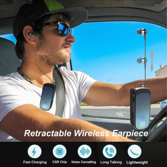 Alt view image 2 of 5 - FashionLive Retractable Wireless Headset Headphone Stereo Earphone V5.0 Noise Cancelling Mic Clip on Earpiece Comfortable HandsFree Headset 20Hrs Talking Time Sports Business Trucker Driver Ear