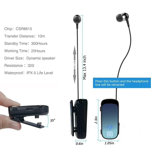 Alt view image 5 of 5 - FashionLive Retractable Wireless Headset Headphone Stereo Earphone V5.0 Noise Cancelling Mic Clip on Earpiece Comfortable HandsFree Headset 20Hrs Talking Time Sports Business Trucker Driver Ear