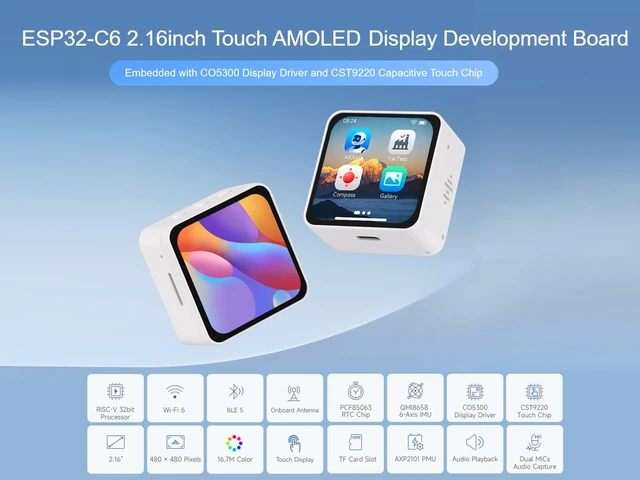 Alt view image 2 of 5 - ESP32-C6 2.16inch AMOLED Touch Display Dev Board, 480 480 Pixels 16.7M Color Capacitive Touch Screen, Integrates 6-Axis IMU, RTC Chip, etc. Supports Dual Microphones, Wi-Fi 6 and BLE 5