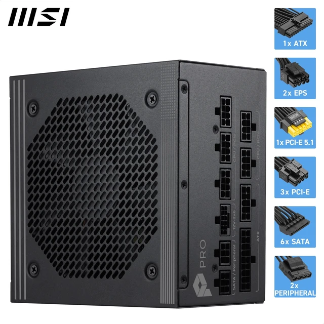 Alt view image 5 of 5 - MSI PRO A1000PL PCIE5, Fully Modular Gaming 1000W Power Supply, 80+ Platinum, 12V-2x6 Cables, Server-Grade Capacitor, ATX 3.1 & PCIe 5.1 Ready, Low-Noise, Embossed Jacket Cables, 7 Year Warranty
