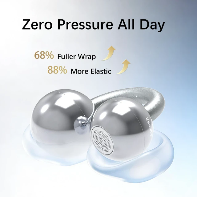 Alt view image 2 of 5 - Essonio ES-M91S Ultra Open Ear Clip Earbuds, Bluetooth 6.0 Wireless, Silver