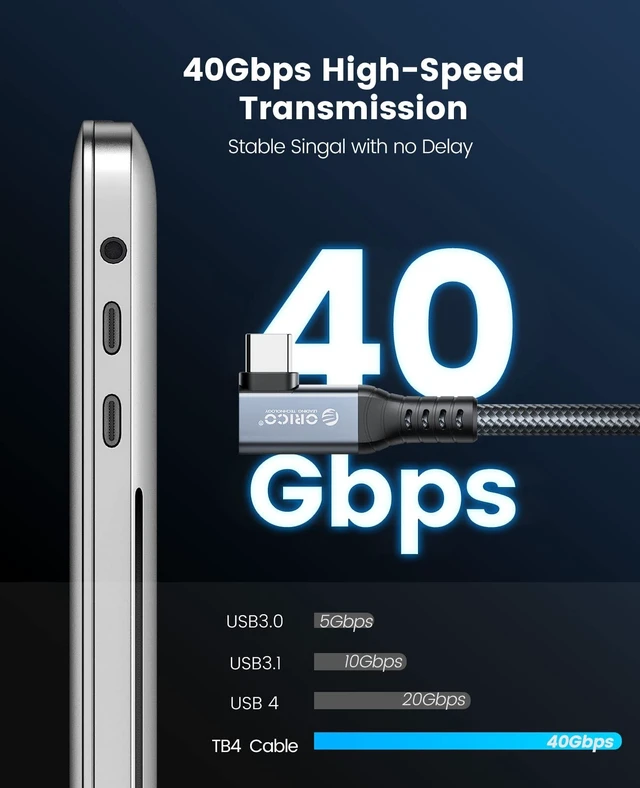 Alt view image 3 of 5 - ORICO Cable Compatible with Thunderbolt 4 Right Angle 6.56Ft,40Gbps USB C to USB C Cable, 100W Charging/Diaply 8K@60Hz Compitable with MacBooks iPad Pro, Thunderbolt 4/3 and USB-C Device