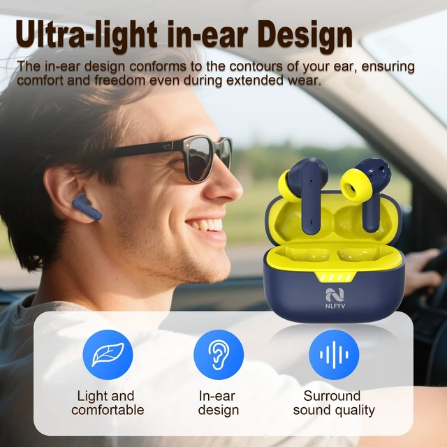 Alt view image 3 of 5 - NLFYV Wireless Bluetooth 6.0 Headphones with Active Noise Cancelling (ANC), 6-Mic ENC Clear Calls, 35 Hours Playtime, HiFi Stereo, in-Ear Headphones, for Home Office Travel Outdoor Sports - Blu