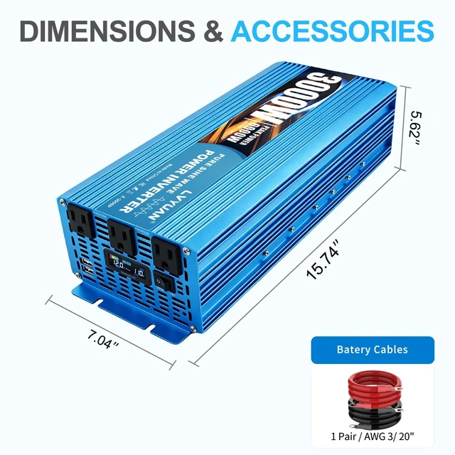 Alt view image 3 of 5 - LVYUAN 2500W Pure Sine Wave Power Inverter 12V DC to 110V/120V AC