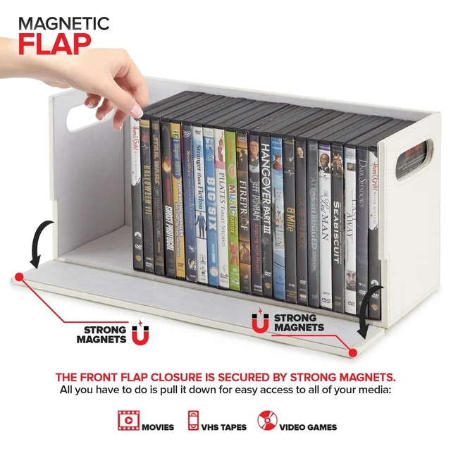 Alt view image 3 of 5 - Stock Your Home DVD Storage Box, Movie Shelf Organizer for Blu-Ray, Video Game Cases, CDs, VHS Tape Display Stand, Disc Holder Can Store Up to 28 DVDs, Faux Leather (White)