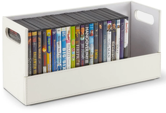 Main image of Stock Your Home DVD Storage Box, Movie Shelf Organizer for Blu-Ray, Video Game Cases, CDs, VHS Tape Display Stand, Disc Holder Can Store Up to 28 DVDs, Faux Leather (White)