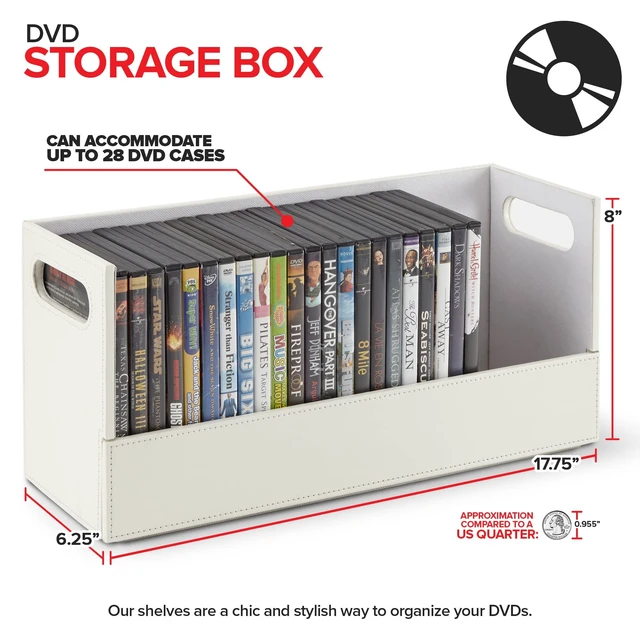 Alt view image 2 of 5 - Stock Your Home DVD Storage Box, Movie Shelf Organizer for Blu-Ray, Video Game Cases, CDs, VHS Tape Display Stand, Disc Holder Can Store Up to 28 DVDs, Faux Leather (White)