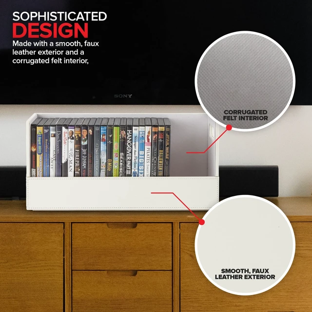 Alt view image 5 of 5 - Stock Your Home DVD Storage Box, Movie Shelf Organizer for Blu-Ray, Video Game Cases, CDs, VHS Tape Display Stand, Disc Holder Can Store Up to 28 DVDs, Faux Leather (White)