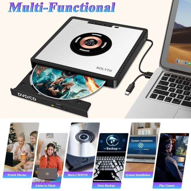 Alt view image 2 of 5 - NOLYTH External CD/DVD Drive for Laptop, DVD Burner with Wireless Charger