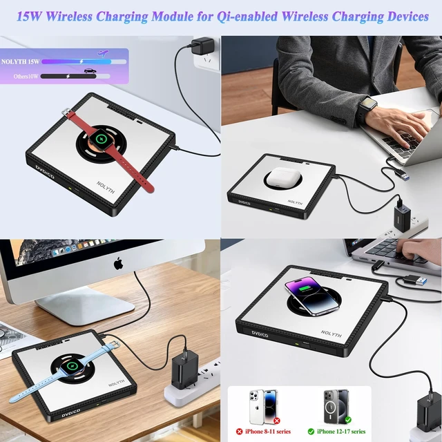 Alt view image 3 of 5 - NOLYTH External CD/DVD Drive for Laptop, DVD Burner with Wireless Charger