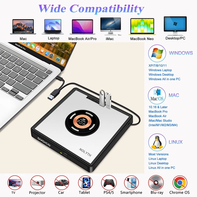 Alt view image 4 of 5 - NOLYTH External CD/DVD Drive for Laptop, DVD Burner with Wireless Charger