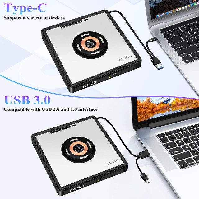 Alt view image 5 of 5 - NOLYTH External CD/DVD Drive for Laptop, DVD Burner with Wireless Charger