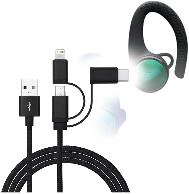 Main image of BoxWave Cable Compatible with Plantronics BackBeat Fit 3150 - AllCharge 3-in-1 Cable - Jet Black