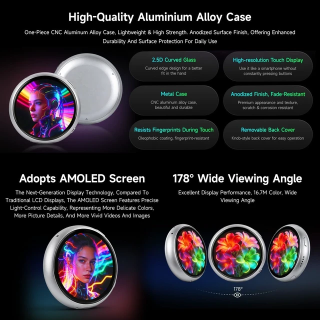 Alt view image 5 of 5 - Waveshare ESP32-S3 1.75inch AMOLED Round Touch Display Development Board, 466 466 Resolution, Aluminum Alloy Case, Onboard Dual Microphones Array, Portable Mini Display, No BAT