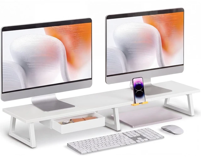 Main image of TEAMIX 42 inch Dual Monitor Stand with Storage Drawer & Phone Holder, White