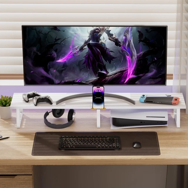 Alt view image 5 of 5 - TEAMIX 42 inch Dual Monitor Stand with Storage Drawer & Phone Holder, White