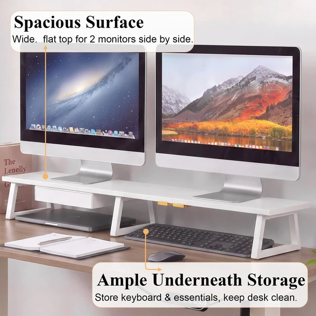 Alt view image 2 of 5 - TEAMIX 42 inch Dual Monitor Stand with Storage Drawer & Phone Holder, White