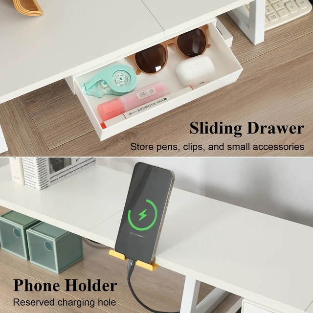 Alt view image 3 of 5 - TEAMIX 42 inch Dual Monitor Stand with Storage Drawer & Phone Holder, White