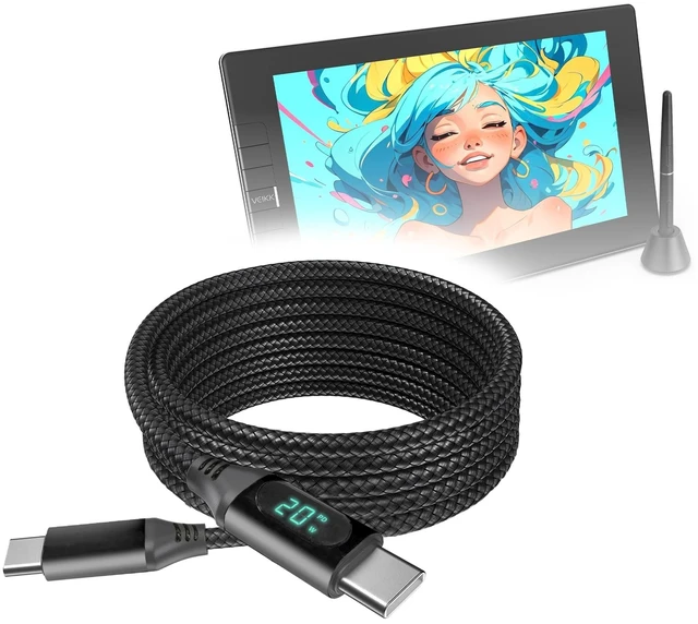 Main image of BoxWave Cable Compatible with Veikk Studio VK1200 V2 - PowerDisplay PD Cable (6ft) - USB-C to USB-C (100W), LED Wattage Info Extra Long Braided Nylon - Jet Black