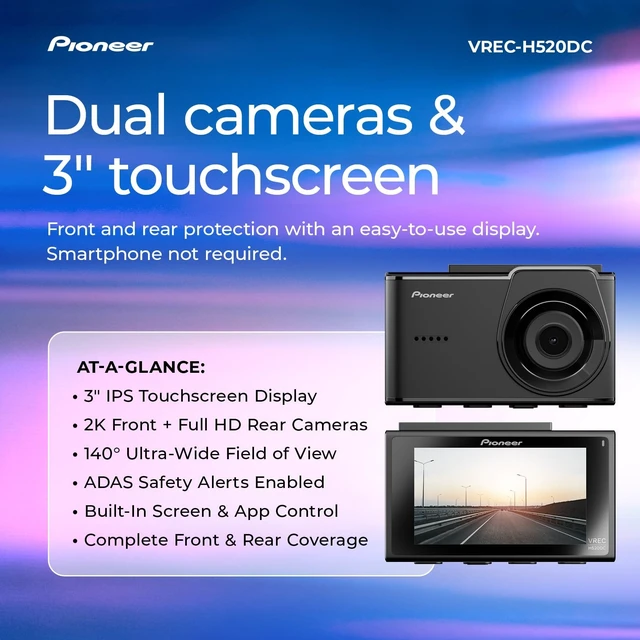 Alt view image 2 of 5 - Pioneer VREC-H520DC Large Screen Dual Dash Cam Front and Rear Car Camera