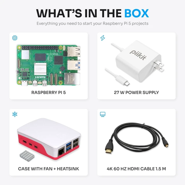 Alt view image 2 of 5 - PiiKit Starter Kit for Raspberry Pi 5 4 GB - Essential Edition ^^ 27 W Power Supply ^^ Case with Integrated Fan and Heat Sink ^^ 4K 60 Hz Micro-HDMI Cable