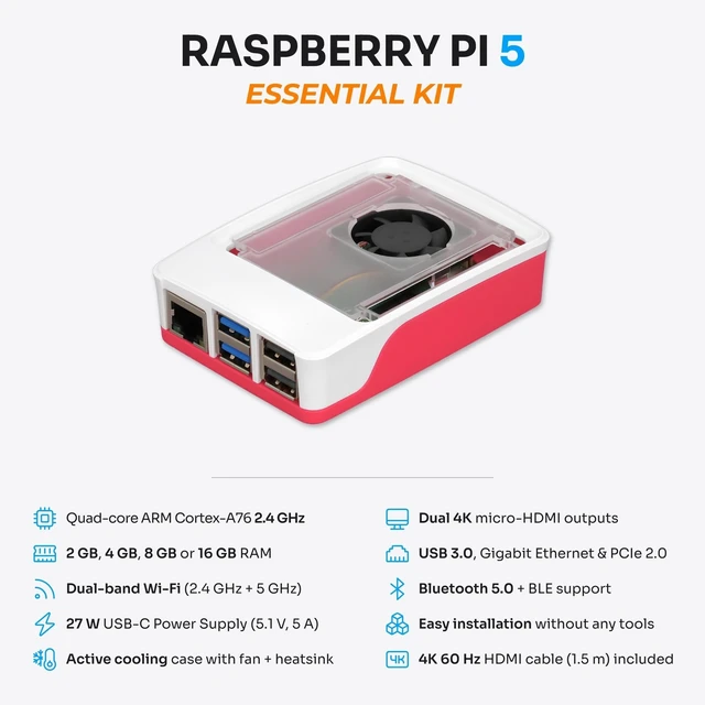 Alt view image 3 of 5 - PiiKit Starter Kit for Raspberry Pi 5 4 GB - Essential Edition ^^ 27 W Power Supply ^^ Case with Integrated Fan and Heat Sink ^^ 4K 60 Hz Micro-HDMI Cable