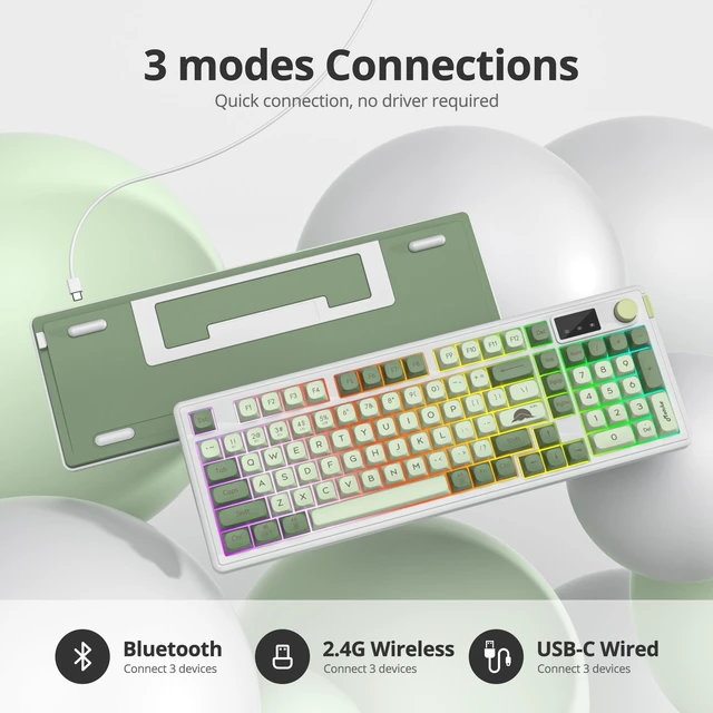 Alt view image 4 of 5 - Mosptnspg RGB Mechanical Feel Membrane Wireless Keyboard, Wired/Bluetooth/2.4G Silent ABS Ball Cap Gasket Structure Gaming Office Keyboard for PC/Mac/Win(98 Matcha)