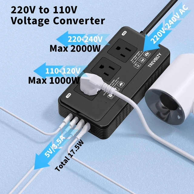 Alt view image 4 of 5 - TREVOLTY 2000W Voltage Converter US to Europe for Hair Dryers, 7-in-1 220V to 110V Converter for European Travel with 3 AC/2 USBA/2 USBC Ports, Universal Power Converter Adapter Combo EU/UK/IT/AU Plug