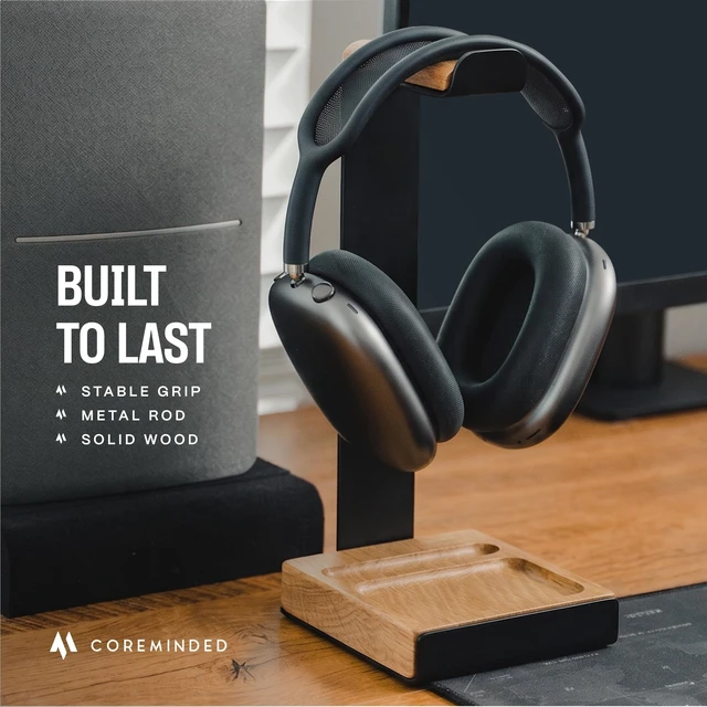 Alt view image 2 of 5 - COREMINDED Universal Headphone Stand for Desk, Oak Wood Headset Holder