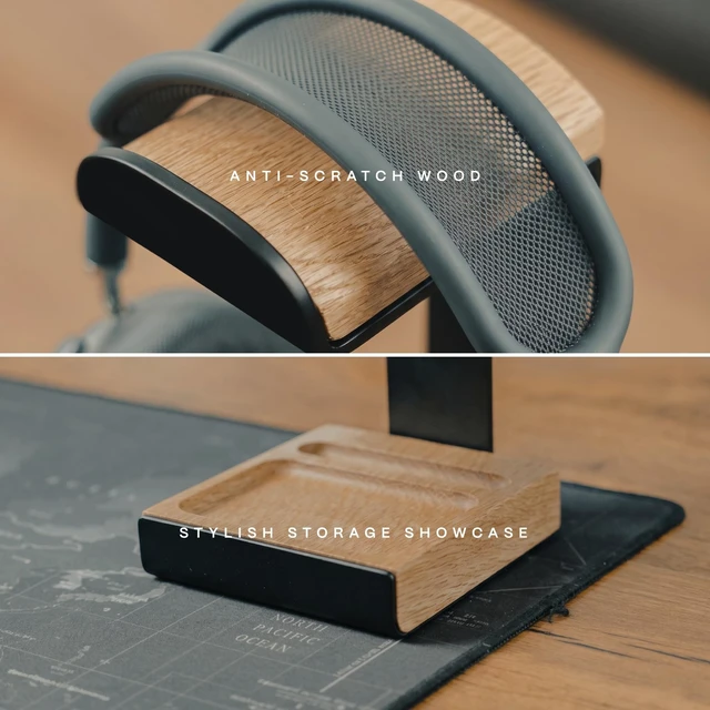 Alt view image 5 of 5 - COREMINDED Universal Headphone Stand for Desk, Oak Wood Headset Holder