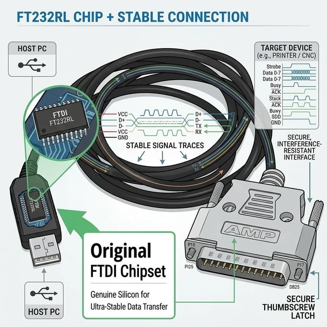 Alt view image 4 of 5 - Pidwaok FT232RL USB to DB25 Cable for OKUMA CNC Machine, 1.8m RS232 Serial Data & Communication Line