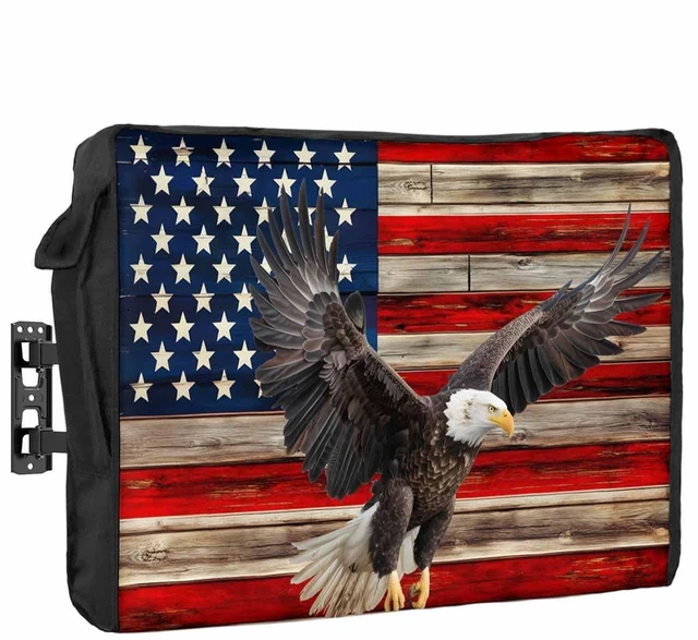 Main image of American Flag Outdoor TV Cover 52"-55" Waterproof & Weatherproof TV Cover for Outside 600D Thick TVs Enclosure Eagle Blue Red USA Flag Retro Flat Television Display Screen Protector with Pocket