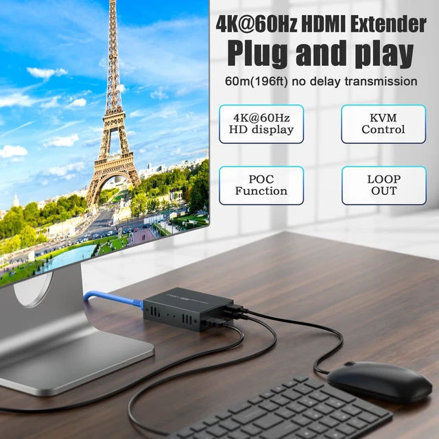 Alt view image 3 of 5 - 4K@60Hz HDMI KVM USB Extender Over Cat6 Cat7 196ft, HDMI Over Ethernet Extender with Loop Out, POC Single Power, EDID, Transmitter Receiver for DVR NVR Keyboard Mouse Monitor