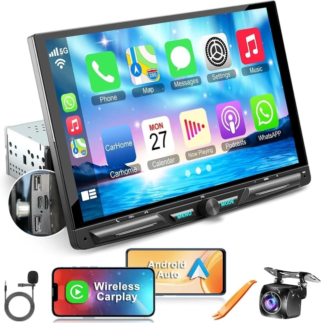 Main image of Wireless 10.1" Single Din Car Stereo CarPlay Radio, Carplay Android Auto Touch Screen, Bluetooth 5.3, Car Audio Receiver, 240W Subwoofer, Backup Camera, FM/AM SWC