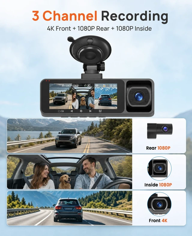 Alt view image 3 of 5 - 4K Dash Cam Front and Rear, Full HD 3 Channel Dashcam, 5.8GHz WiFi 5, Free 64GB Memory Card, 3.16''IPS Dashcam with Loop Recording, G-Sensor, Night Vision, 150 Wide Angle, 24Hour Parking Mode