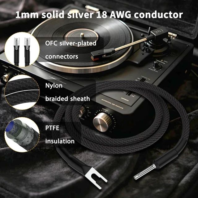 Alt view image 2 of 5 - Viborg 3.3FT Pure Silver Phonograph Turntable Ground Wires Shielded Cable for Magnetic Vintage Record Players (Banana to Spade Terminal)