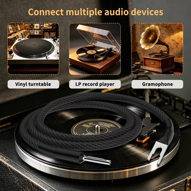 Alt view image 5 of 5 - Viborg 3.3FT Pure Silver Phonograph Turntable Ground Wires Shielded Cable for Magnetic Vintage Record Players (Banana to Spade Terminal)