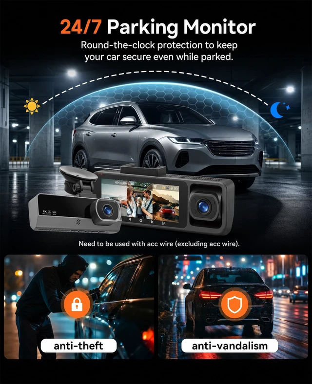 Alt view image 5 of 5 - 4K Dash Cam Front and Rear, Full HD 3 Channel Dashcam, 5.8GHz WiFi 5, Free 64GB Memory Card, 3.16''IPS Dashcam with Loop Recording, G-Sensor, Night Vision, 150 Wide Angle, 24Hour Parking Mode