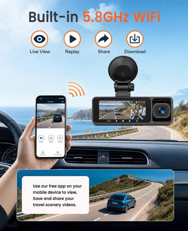 Alt view image 4 of 5 - 4K Dash Cam Front and Rear, Full HD 3 Channel Dashcam, 5.8GHz WiFi 5, Free 64GB Memory Card, 3.16''IPS Dashcam with Loop Recording, G-Sensor, Night Vision, 150 Wide Angle, 24Hour Parking Mode