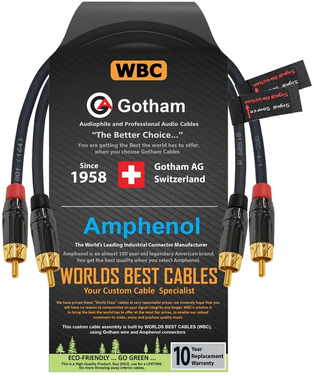 Main image of 1.5 Foot RCA Cable Pair - Gotham GAC-4/1 (Black) Star-Quad Audio Interconnect Cable with Amphenol ACPL Black Chrome Body, Gold Plated RCA Connectors - Directional