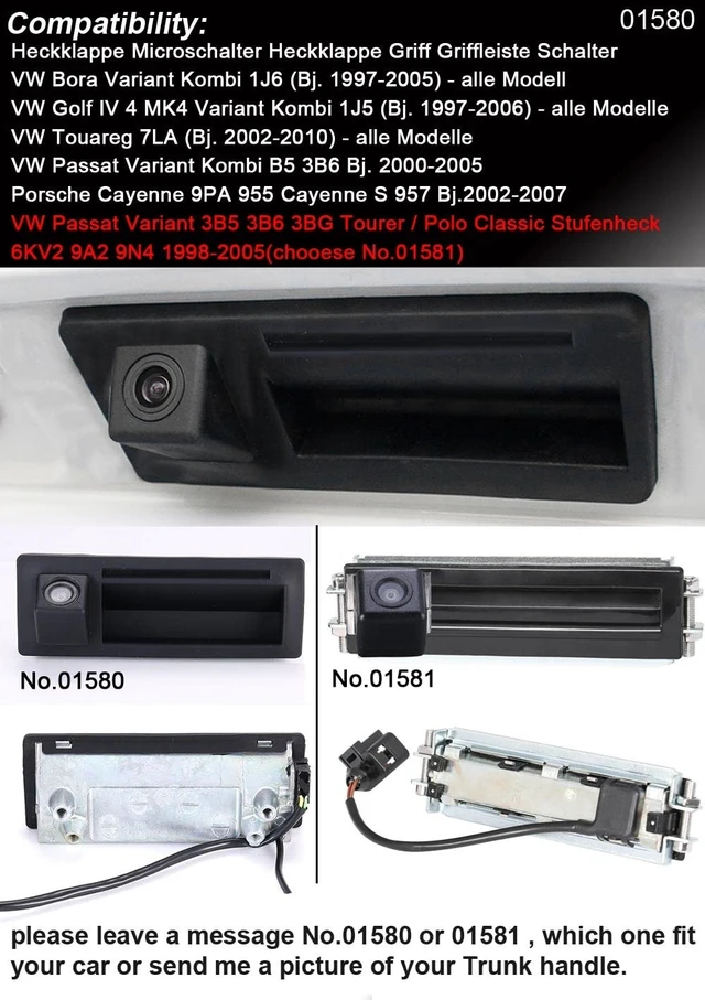 Alt view image 2 of 5 - 170 Degree Rear View Parking Camera Car Trunk Handle Backup Camera Replacement for VW Bora Variant Golf IV 4 MK4 Touareg 7LA Passat B5 3B6 Porsche Cayenne 9PA 955