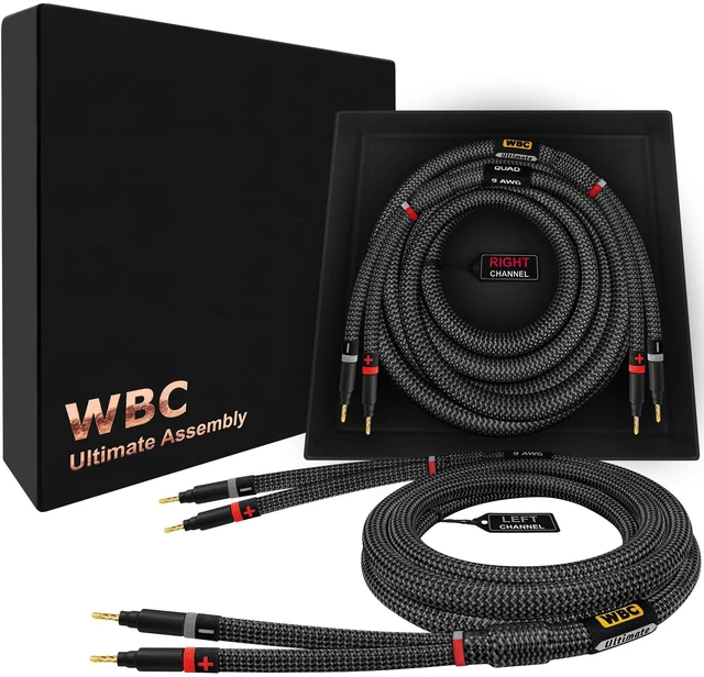 Main image of WORLDS BEST CABLES 20 Foot Ultimate - 9 AWG - Ultra-Pure OFC - Premium Audiophile HiFi Speaker Cable Pair with Eminence Gold Banana Plugs & Carbon Tweed Jacket