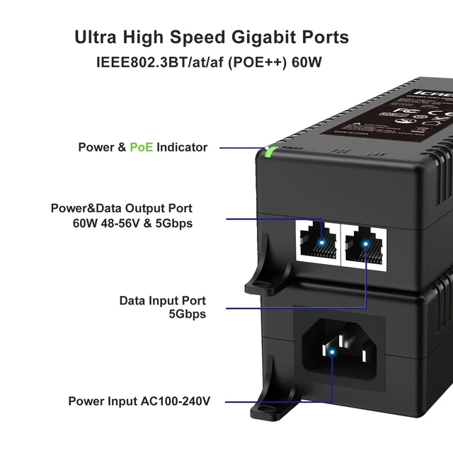 Alt view image 2 of 5 - 5G POE++ Injector 60W, IEEE 802.3bt/af/at, 5G/2.5Gbps/1Gigabit PoE+ Ethernet Adapter, Network a PoE Device up to 328ft, for High Power PTZ Camera, VOIP Phone, AP etc.