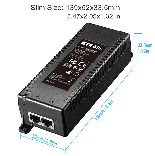 Alt view image 5 of 5 - 5G POE++ Injector 60W, IEEE 802.3bt/af/at, 5G/2.5Gbps/1Gigabit PoE+ Ethernet Adapter, Network a PoE Device up to 328ft, for High Power PTZ Camera, VOIP Phone, AP etc.